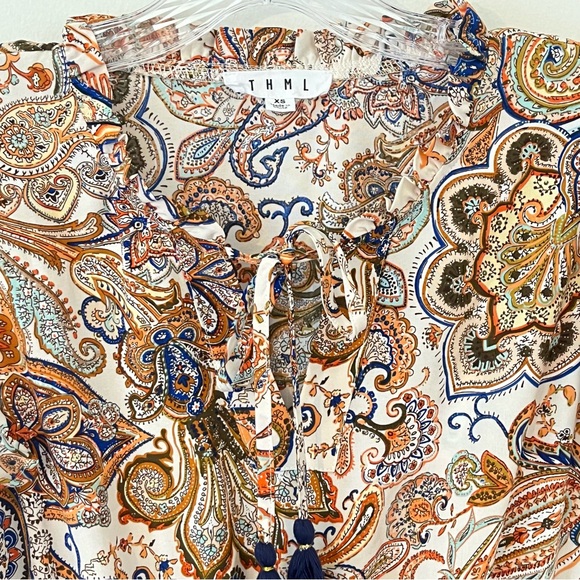 THML Boho Paisley Print Tassal Tie Mini Dress Ruffled Neck Flutter Sleeves - Picture 3 of 16